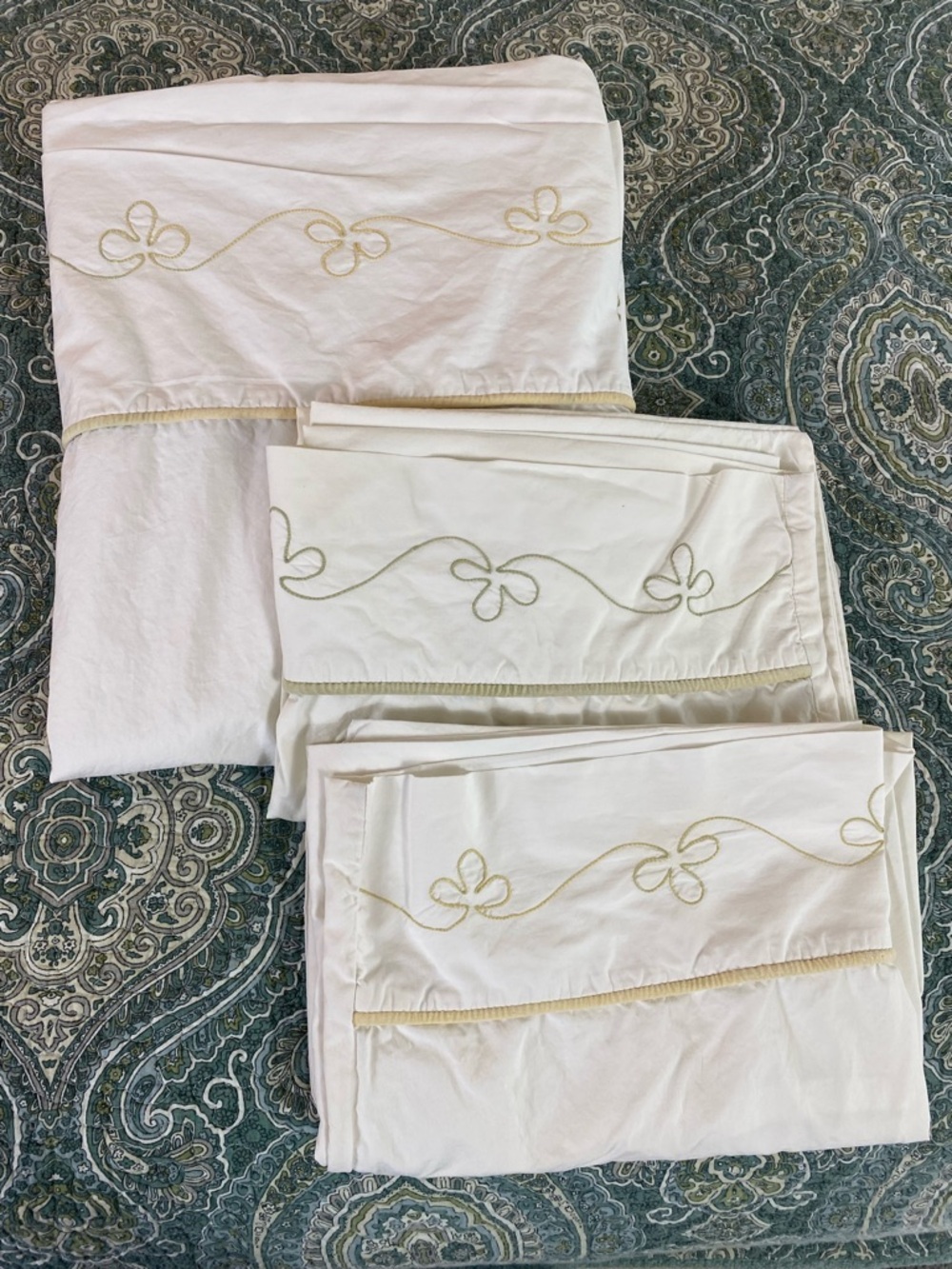 Embroidered Cream Sheet Set 3 pc with Delicate Gold Stitching